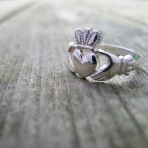 Close up of a white gold Claddagh ring. Handcrafted Irish jewellery made in Ireland