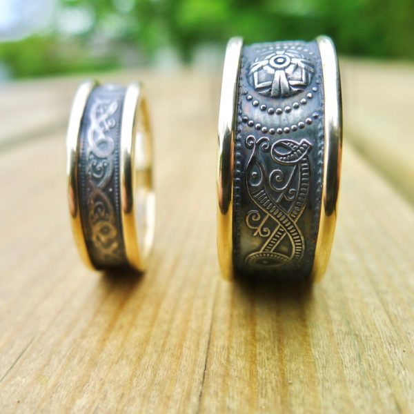 Irish jewellery band rings in gold and silver. The patina will continue to darken over time.
Shown - 5mm option with 10mm option Irish jewellery band rings in gold and silver. The patina will continue to darken over time. Shown - 5mm option with 10mm option
