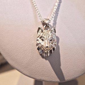 Closeup view of the finished piece. Wolf pendant Handcrafted Irish jewellery