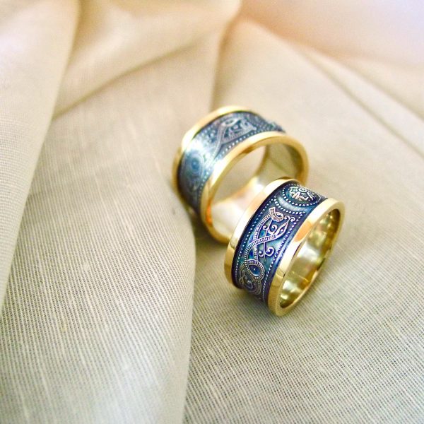 Matching rings 10mm option, with 7mm option. The patina when freshly applied will darken to black over time -- These Celtic rings were photographed just after the patina was applied. Irish jewellery Matching rings 10mm option, with 7mm option. The patina when freshly applied will darken to black over time -- These Celtic rings were photographed just after the patina was applied. Irish jewellery