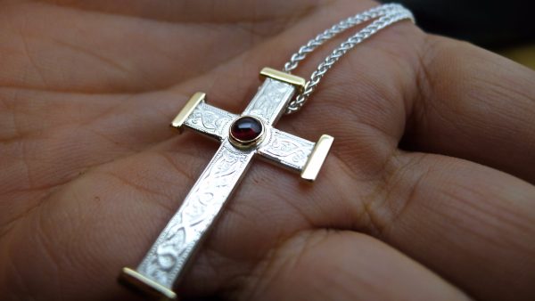 Celtic cross handmade in gold and silver. Your choice of chain length 16 inch, 18 inch, 20 inch, or 22 inch.