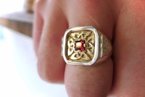 10k yellow gold with silver - this Celtic ring shown here with a ruby 10k yellow gold with silver - this Celtic ring shown here with a ruby