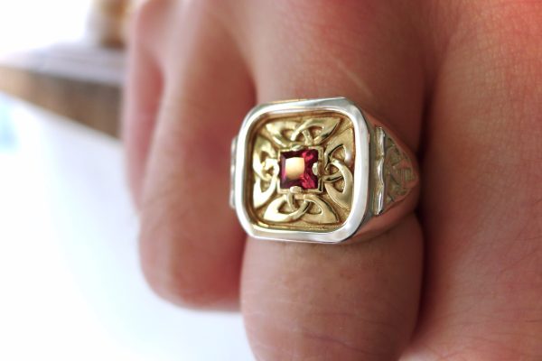 10k yellow gold with silver - this Celtic ring shown here with a ruby 10k yellow gold with silver - this Celtic ring shown here with a ruby