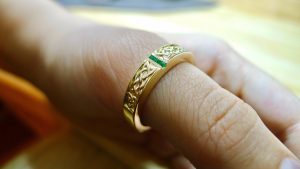 Shown here in yellow gold with emeralds Irish Signet Ring