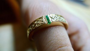 Celtic ring in the form of an Irish signet ring. Close up of detail