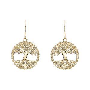 Close up photo of matching 10k yellow gold tree of life earrings | Irish jewellery in yellow gold