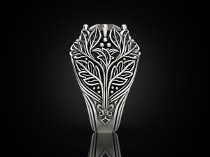 Side view of the shank - the recesses have been oxidised black and the raised areas polished to a high lustre. Irish Jewellery design copyright 2023